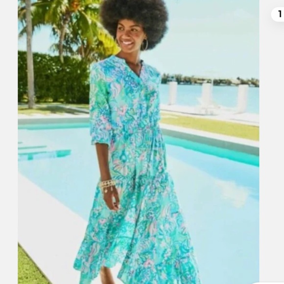 LILLY PULITZER CORI STRETCH MIDI SHIRTDRESS AQUA LA VISTA SIZE 2 - Picture 1 of 12